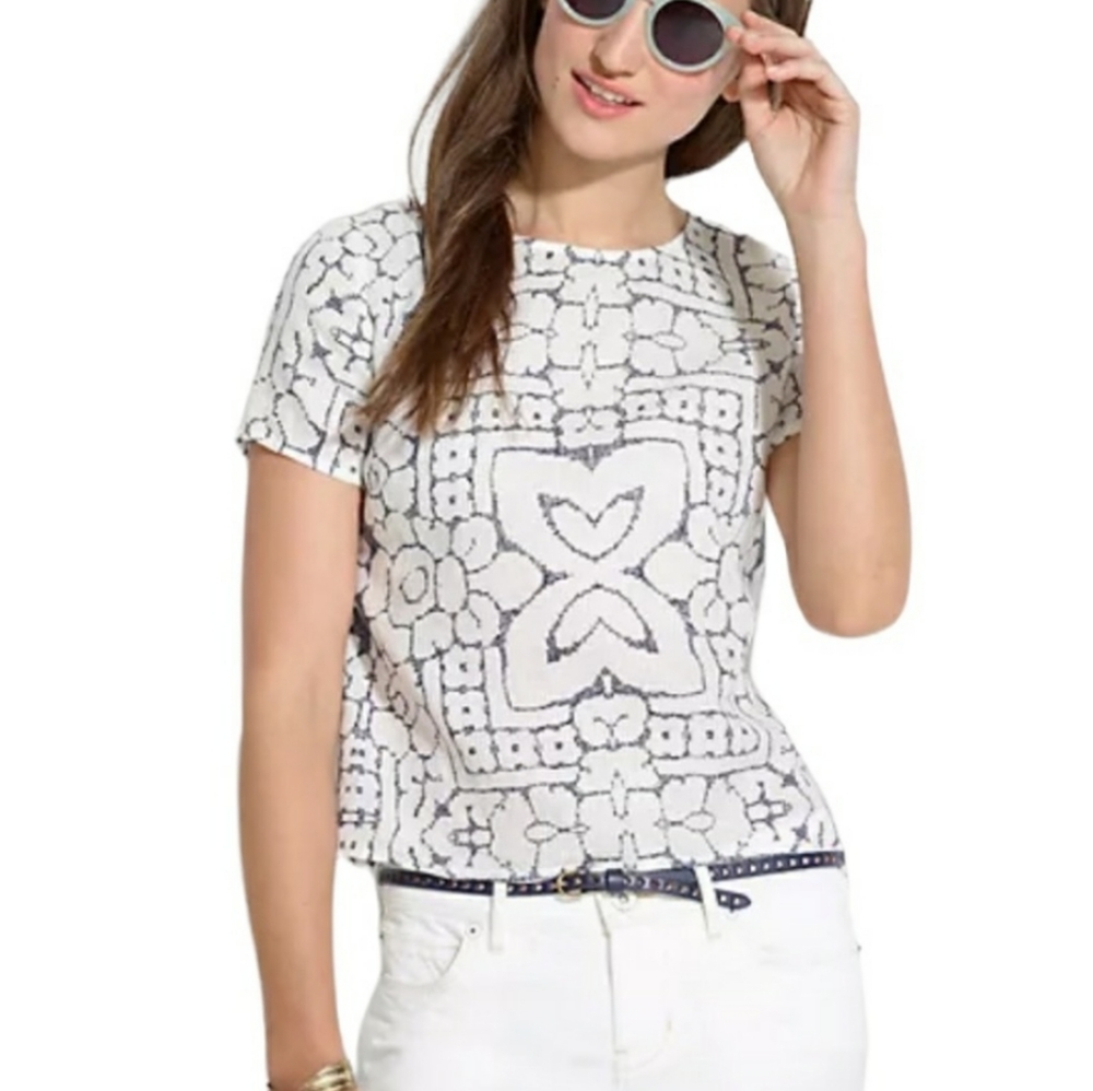 Madewell White Floral Tile Print Short Sleeve Top